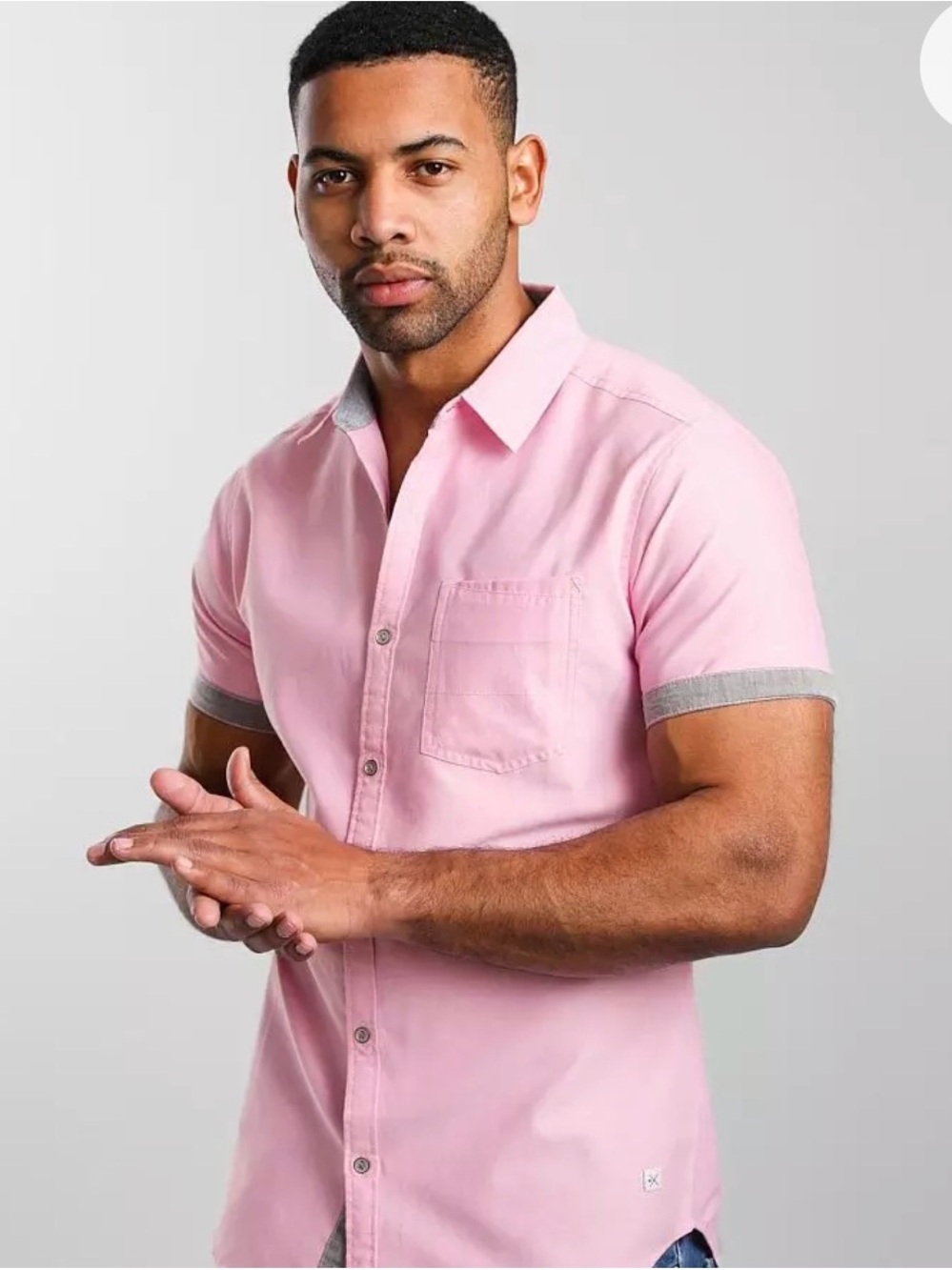 Men's Short-Sleeve Button-Down Shirt in Light Pink with Contrast Trim